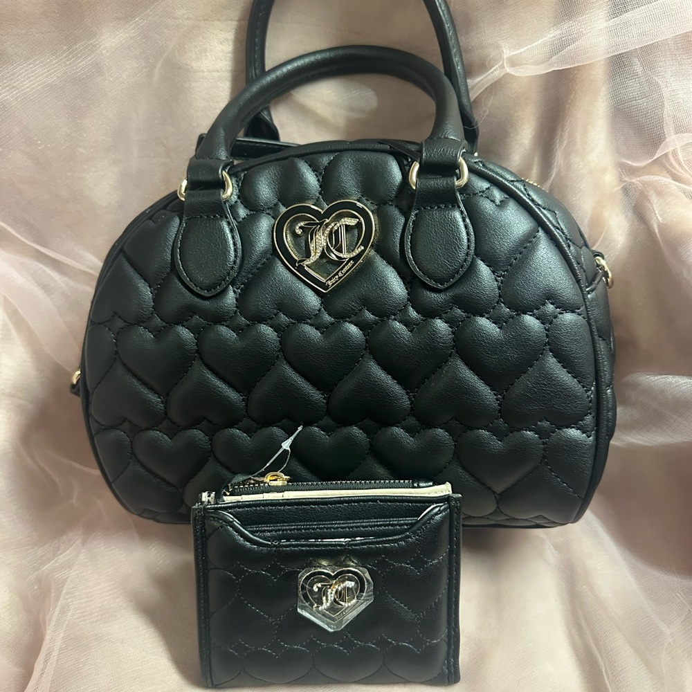 Juicy Couture Black Quilted Heart Dome Satchel Handbag and Wallet Bundle.
